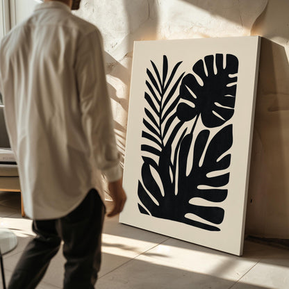 Black Botanical Canvas Art Modern Minimalist Plant Print for Living Room or Office, Monstera Leaf Abstract Wall Decor