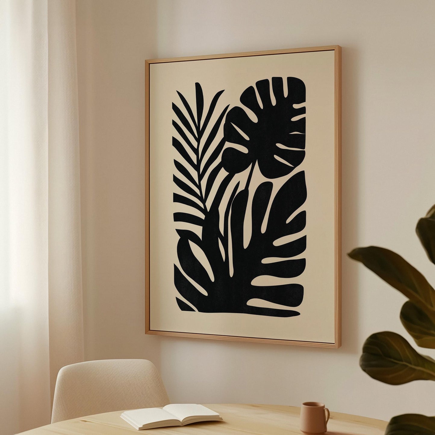 Black Botanical Canvas Art Modern Minimalist Plant Print for Living Room or Office, Monstera Leaf Abstract Wall Decor
