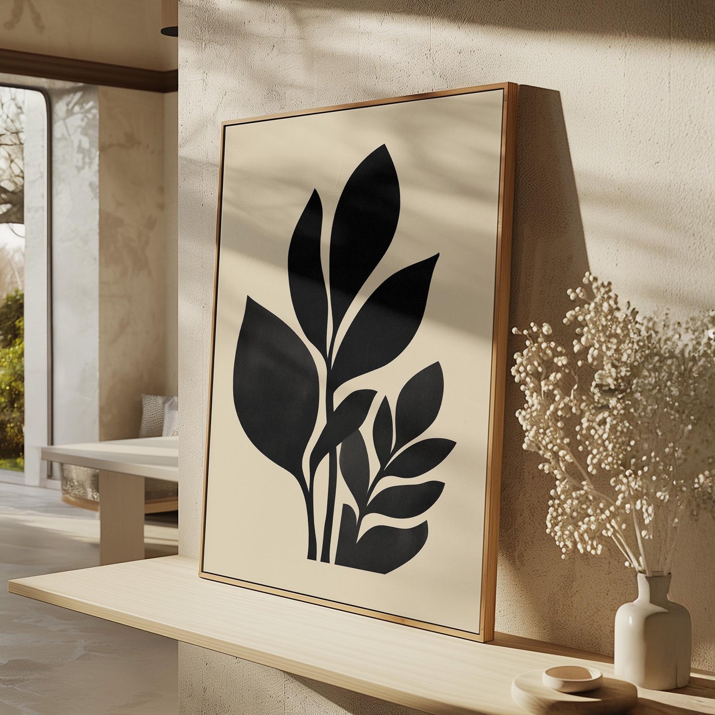 Minimal Botanical Canvas Art Black Leaf Silhouette Print for Bedroom or Office, Modern Nature Wall Decor