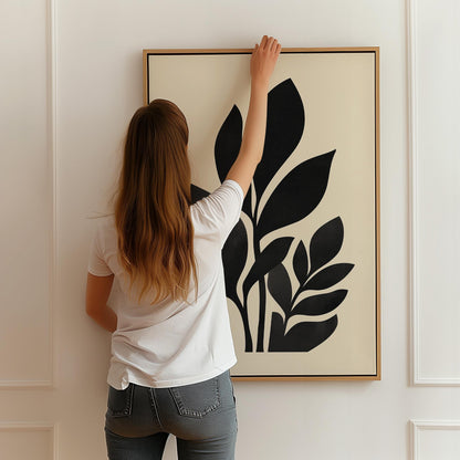 Minimal Botanical Canvas Art Black Leaf Silhouette Print for Bedroom or Office, Modern Nature Wall Decor