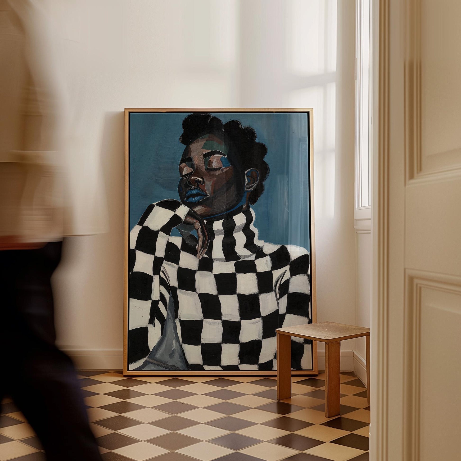 Modern Portrait Wall Art Black Woman in Checkered Sweater Canvas Print Contemporary Artwork for Living Room Bedroom Office