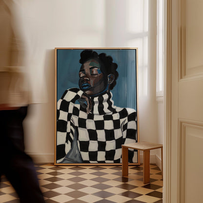 Modern Portrait Wall Art Black Woman in Checkered Sweater Canvas Print Contemporary Artwork for Living Room Bedroom Office