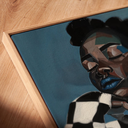 Modern Portrait Wall Art Black Woman in Checkered Sweater Canvas Print Contemporary Artwork for Living Room Bedroom Office