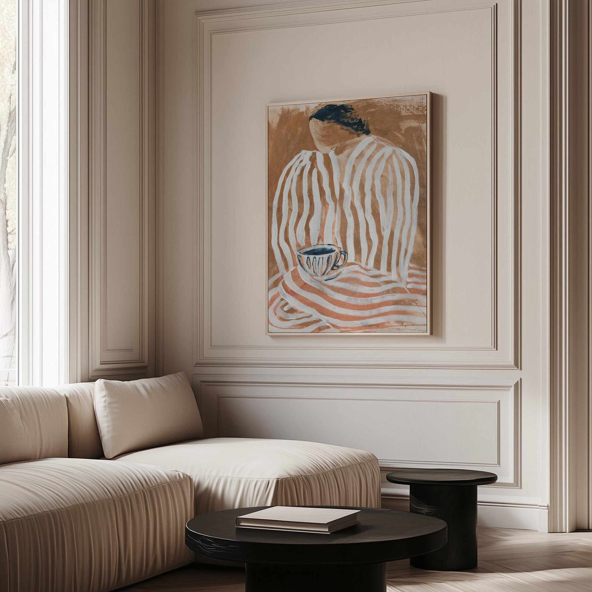 Abstract Striped Portrait with Coffee Cup Modern Wall Art Canvas Print Minimalist Artwork for Living Room Kitchen Office