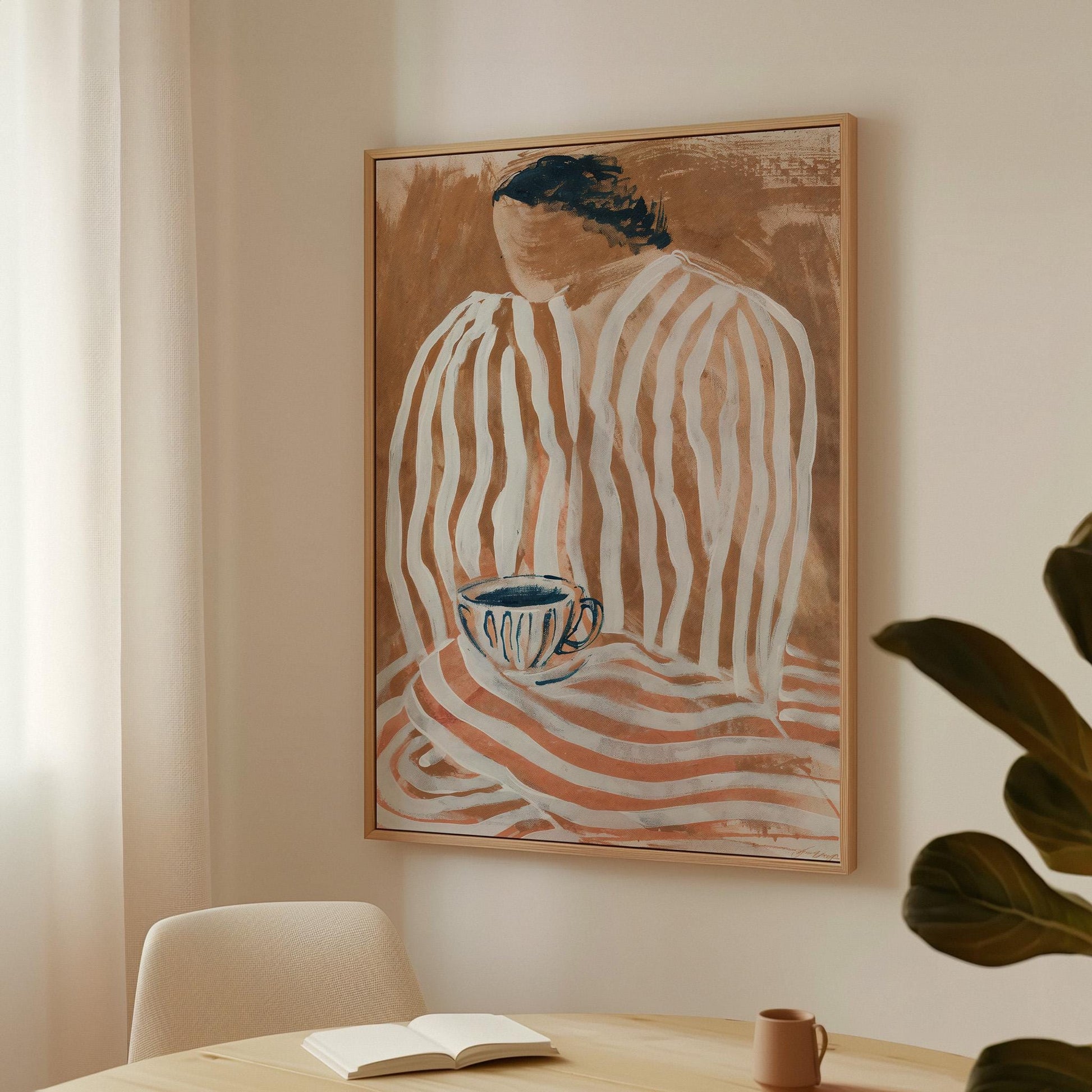 Abstract Striped Portrait with Coffee Cup Modern Wall Art Canvas Print Minimalist Artwork for Living Room Kitchen Office