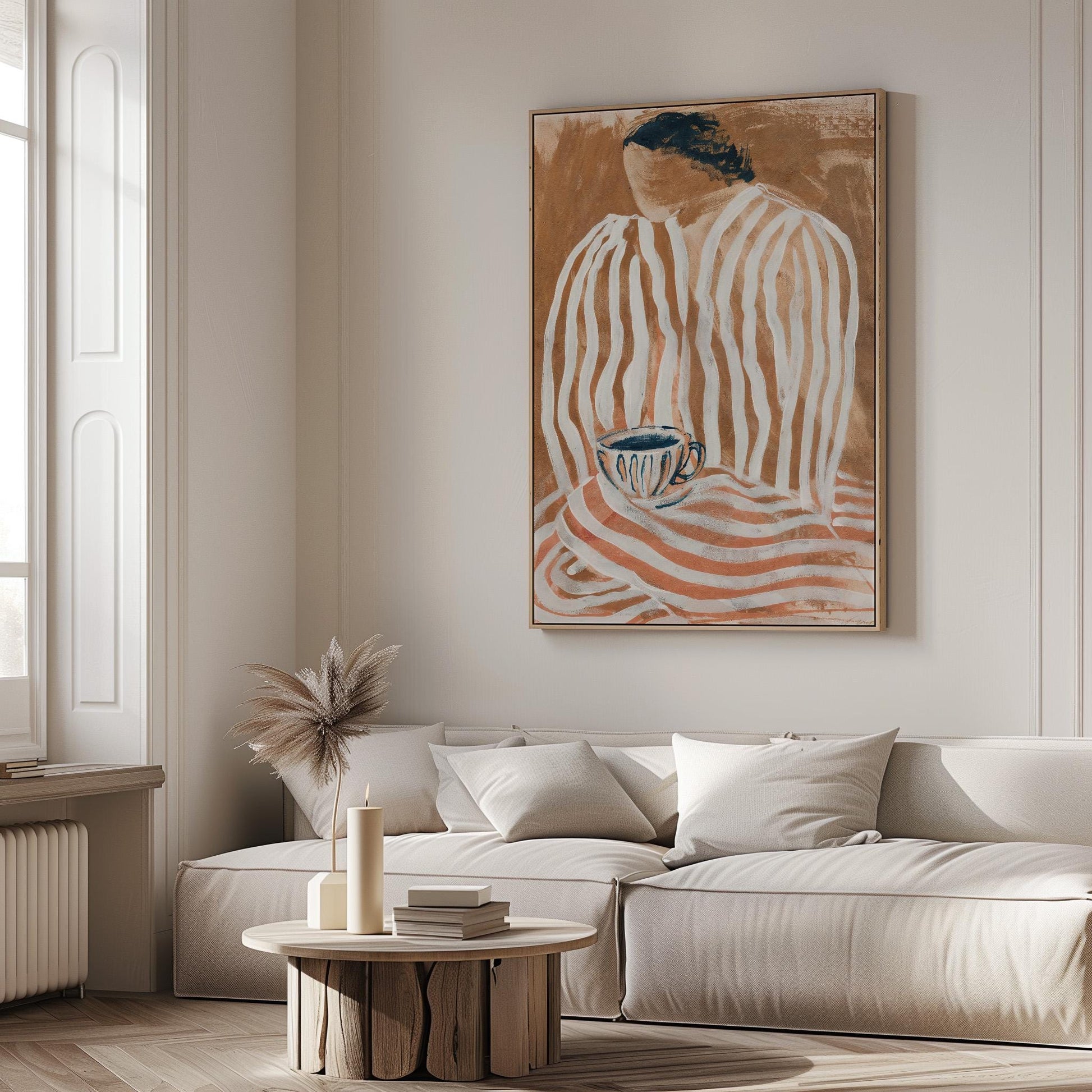 Abstract Striped Portrait with Coffee Cup Modern Wall Art Canvas Print Minimalist Artwork for Living Room Kitchen Office