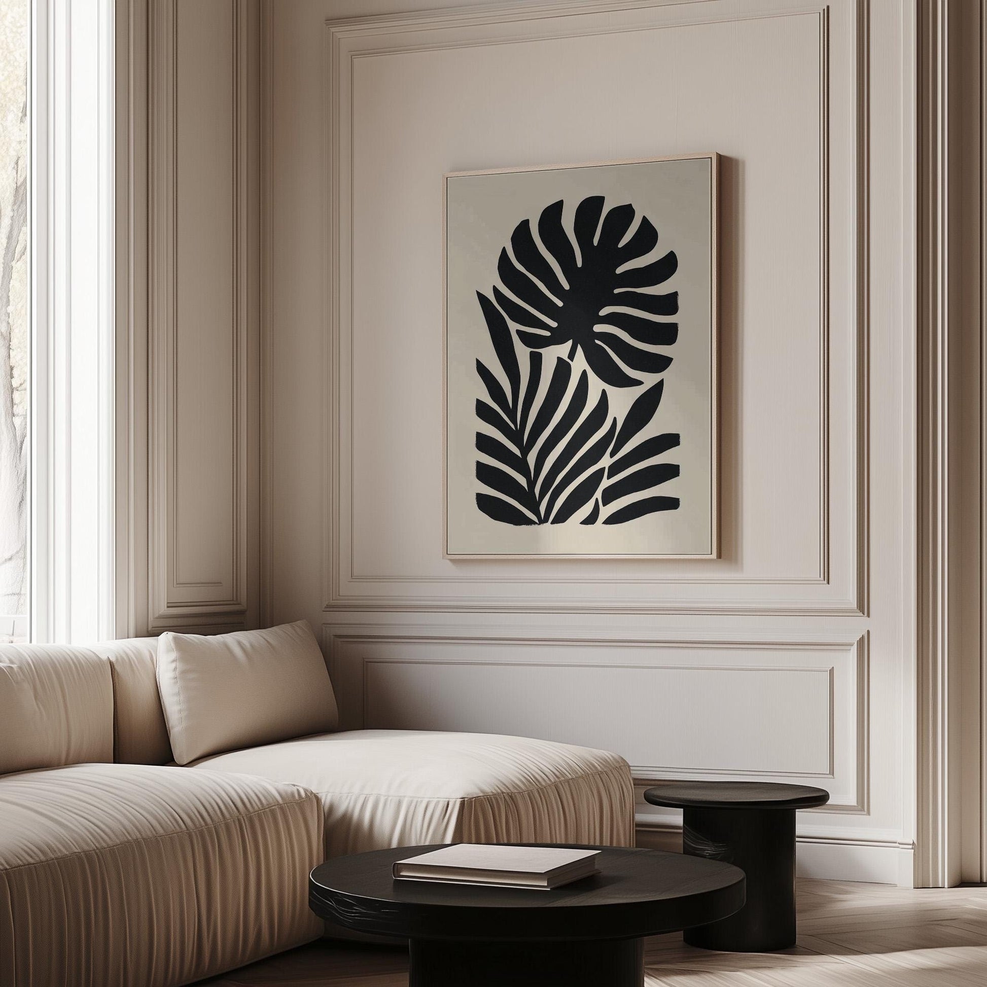 Black Botanical Canvas Art Modern Minimalist Leaf Silhouette Print for Living Room or Hallway, Monstera Abstract Wall Decor