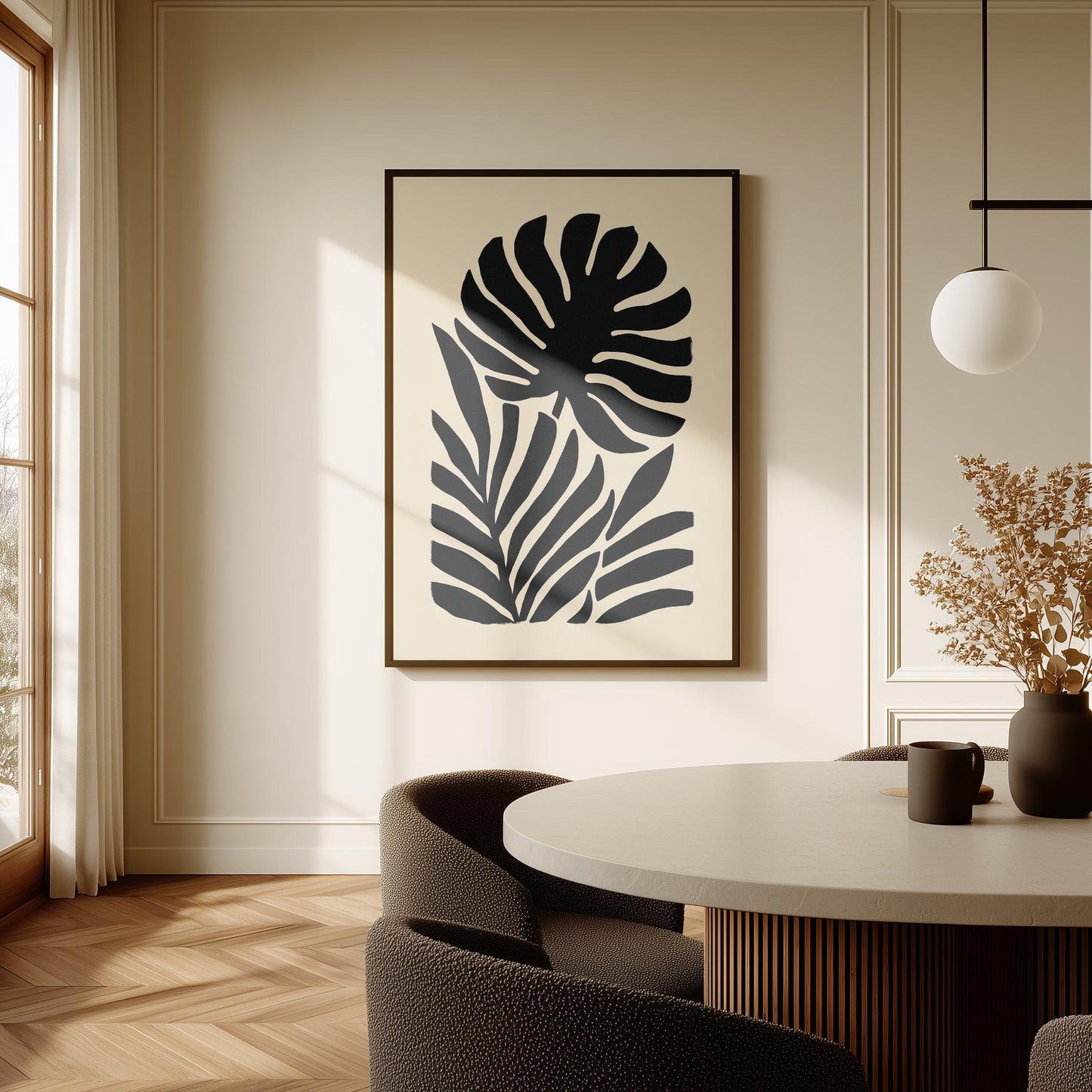 Black Botanical Canvas Art Modern Minimalist Leaf Silhouette Print for Living Room or Hallway, Monstera Abstract Wall Decor
