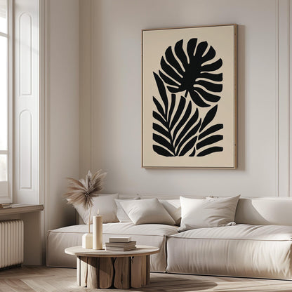Black Botanical Canvas Art Modern Minimalist Leaf Silhouette Print for Living Room or Hallway, Monstera Abstract Wall Decor