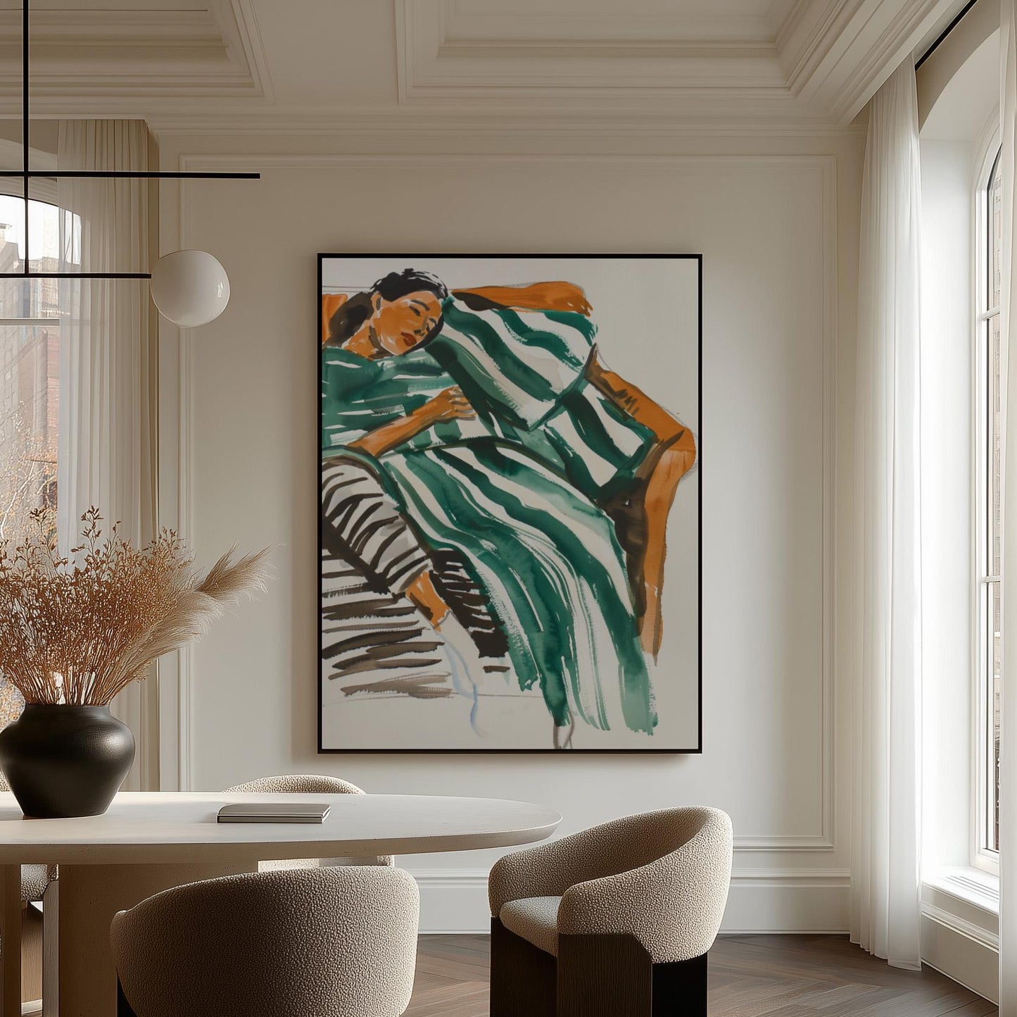Abstract Woman Wall Art Relaxing Green Striped Dress Modern Canvas Print Minimalist Bedroom Living Room Home Decor