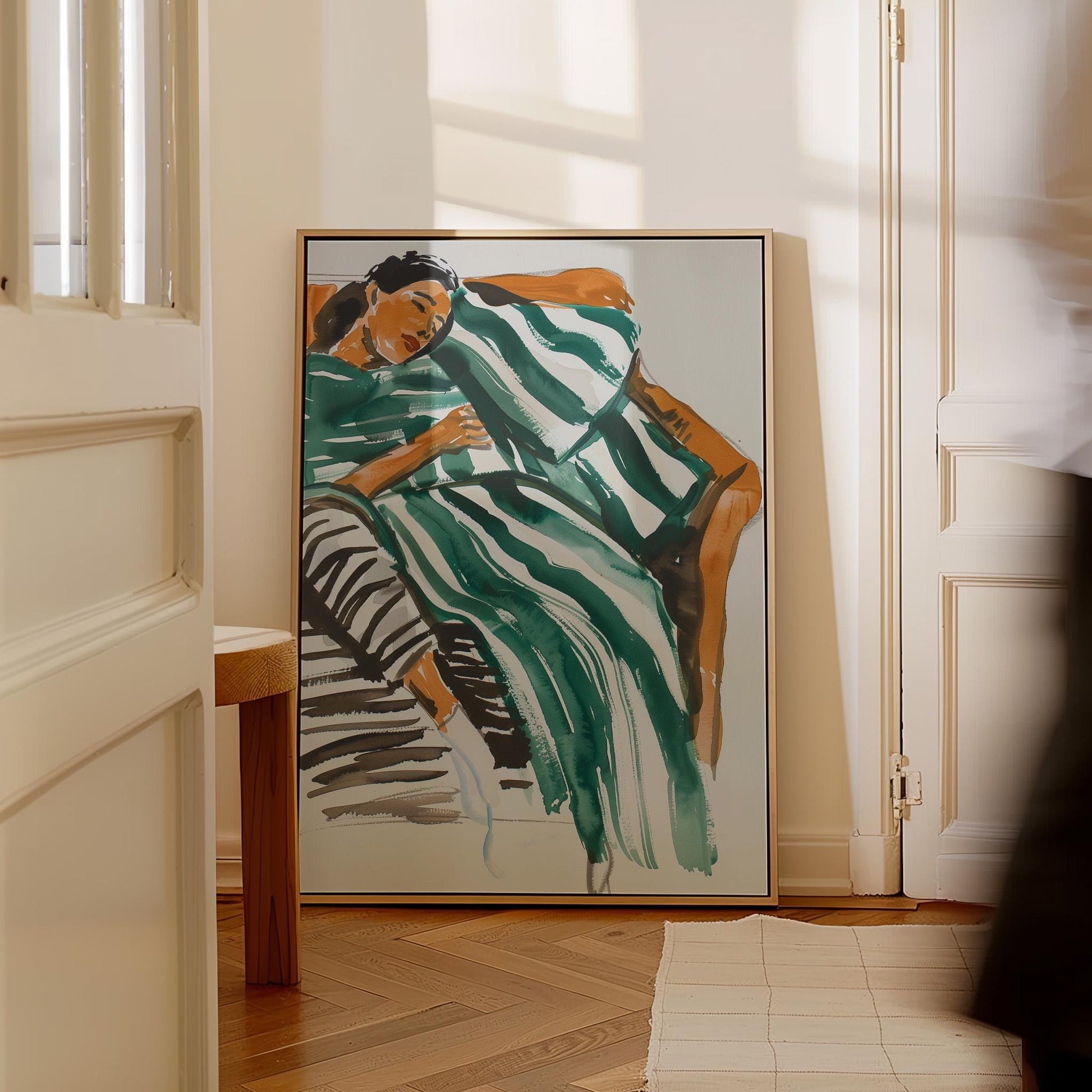Abstract Woman Wall Art Relaxing Green Striped Dress Modern Canvas Print Minimalist Bedroom Living Room Home Decor