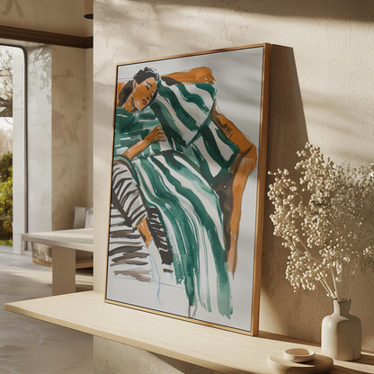 Abstract Woman Wall Art Relaxing Green Striped Dress Modern Canvas Print Minimalist Bedroom Living Room Home Decor