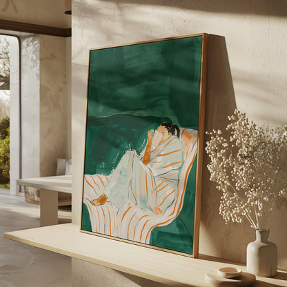 Woman Reading Wall Art Modern Canvas Print Relaxing Green Striped Chair Minimalist Home Decor for Bedroom Living Room