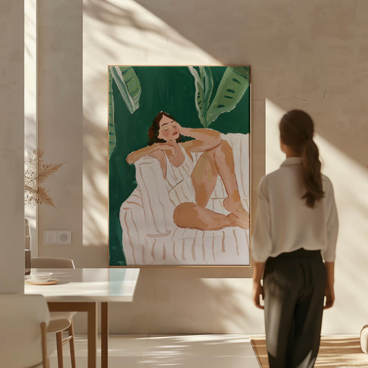 Relaxed Woman Wall Art Modern Canvas Print Tropical Minimalist Green Home Decor for Bedroom or Living Room