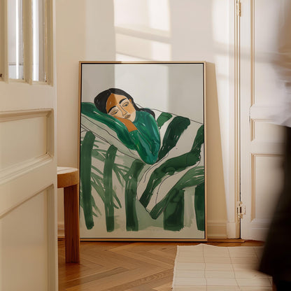 Relaxed Woman Wall Art Minimalist Canvas Print Modern Abstract Green Bedroom or Living Room Decor