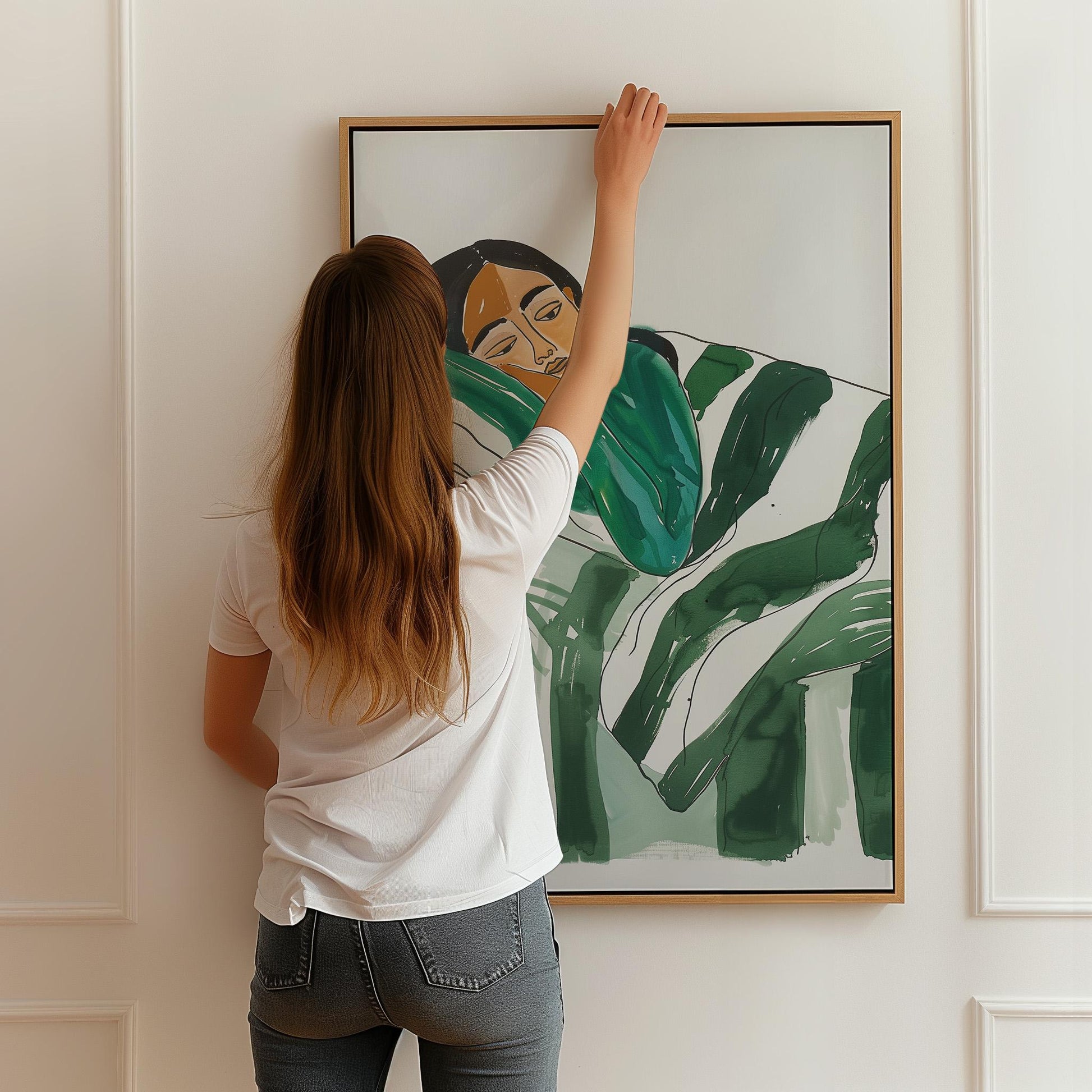 Relaxed Woman Wall Art Minimalist Canvas Print Modern Abstract Green Bedroom or Living Room Decor