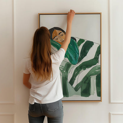 Relaxed Woman Wall Art Minimalist Canvas Print Modern Abstract Green Bedroom or Living Room Decor