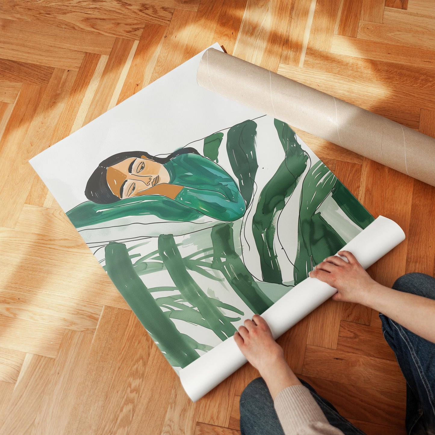 Relaxed Woman Wall Art Minimalist Canvas Print Modern Abstract Green Bedroom or Living Room Decor