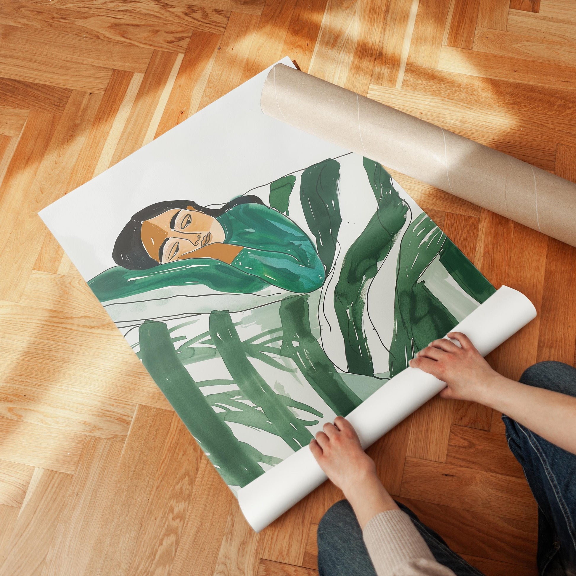Relaxed Woman Wall Art Minimalist Canvas Print Modern Abstract Green Bedroom or Living Room Decor