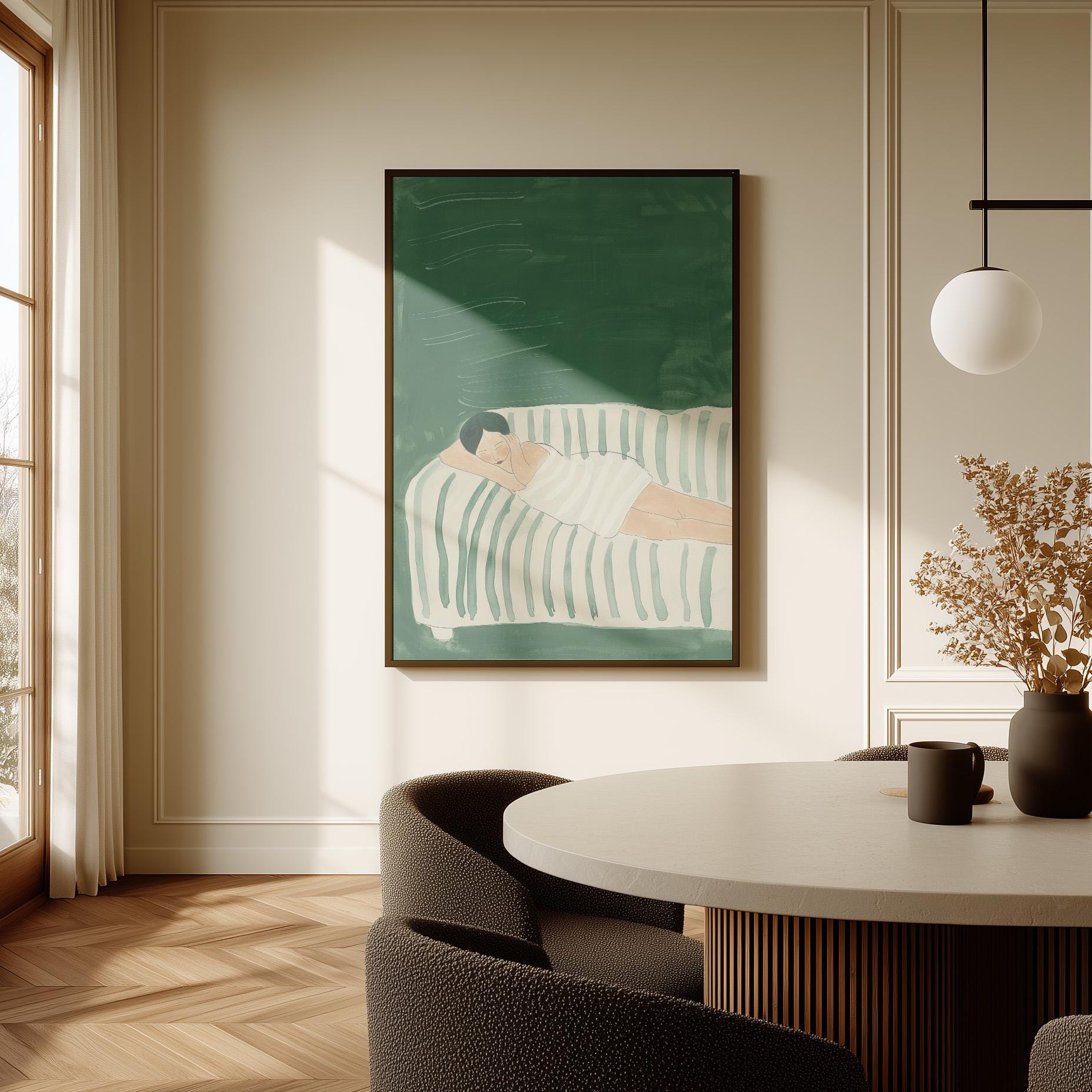Sleeping Woman Wall Art Minimalist Canvas Print Abstract Modern Green Relaxing Bedroom or Living Room Decor
