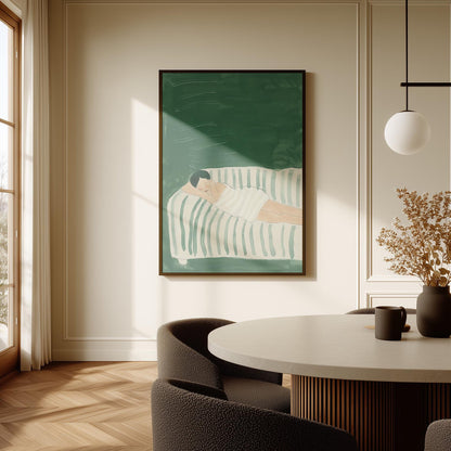 Sleeping Woman Wall Art Minimalist Canvas Print Abstract Modern Green Relaxing Bedroom or Living Room Decor
