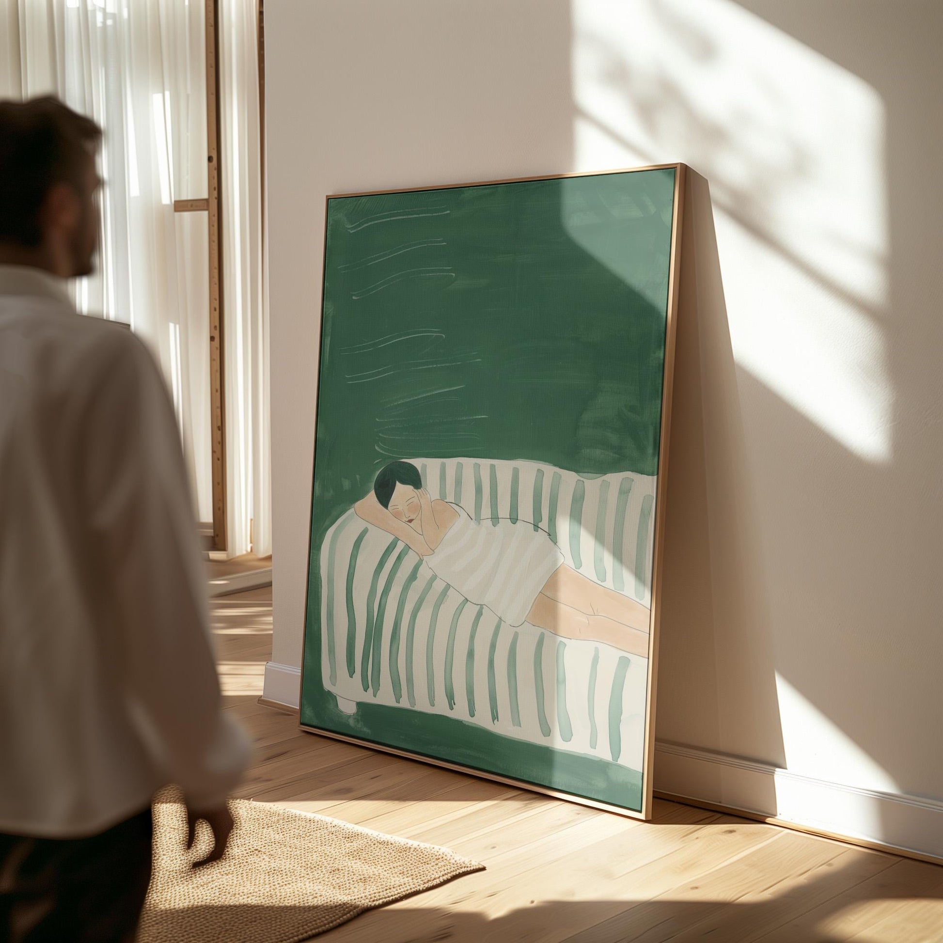 Sleeping Woman Wall Art Minimalist Canvas Print Abstract Modern Green Relaxing Bedroom or Living Room Decor