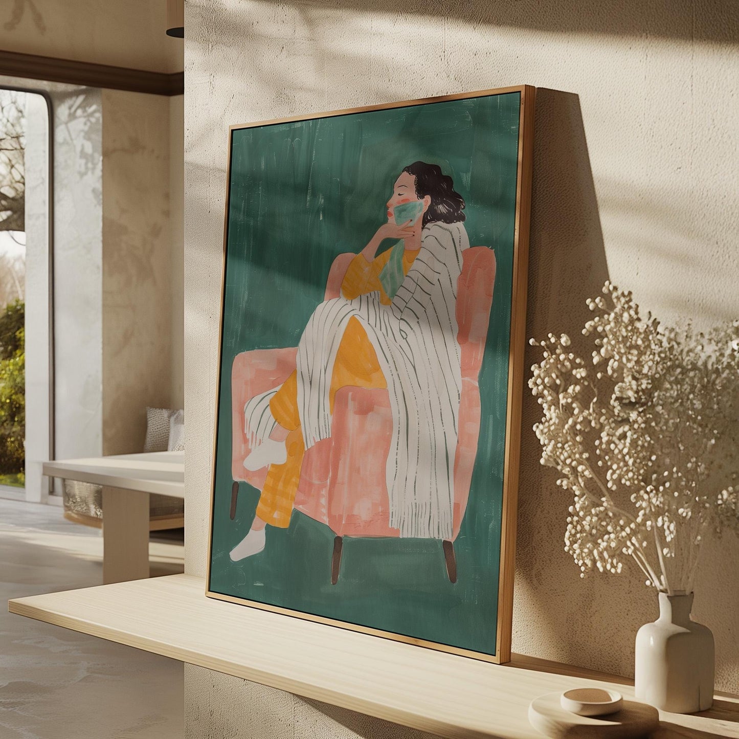 Woman on Armchair Canvas Print Relaxed Minimalist Wall Art Modern Abstract Home Decor for Living Room or Bedroom