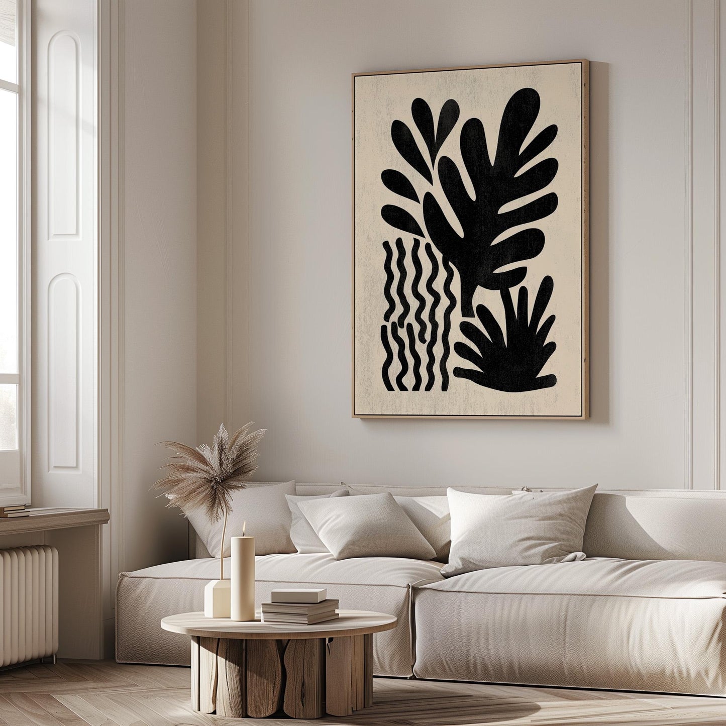 Black Botanical Canvas Art Modern Minimal Leaf Print for Living Room or Hallway, Abstract Nature Wall Decor
