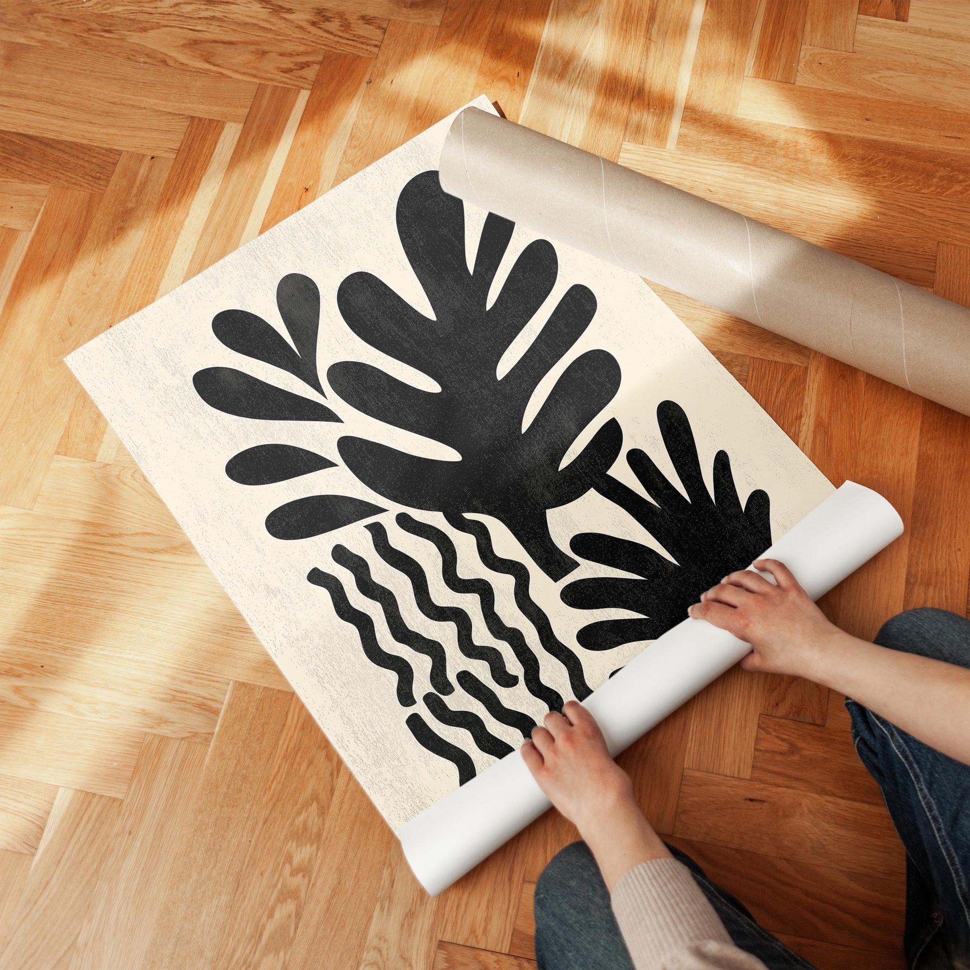 Black Botanical Canvas Art Modern Minimal Leaf Print for Living Room or Hallway, Abstract Nature Wall Decor