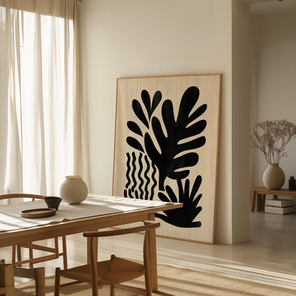Botanical Wall Art: Black Minimalist Leaf Design - Floating Frame Option