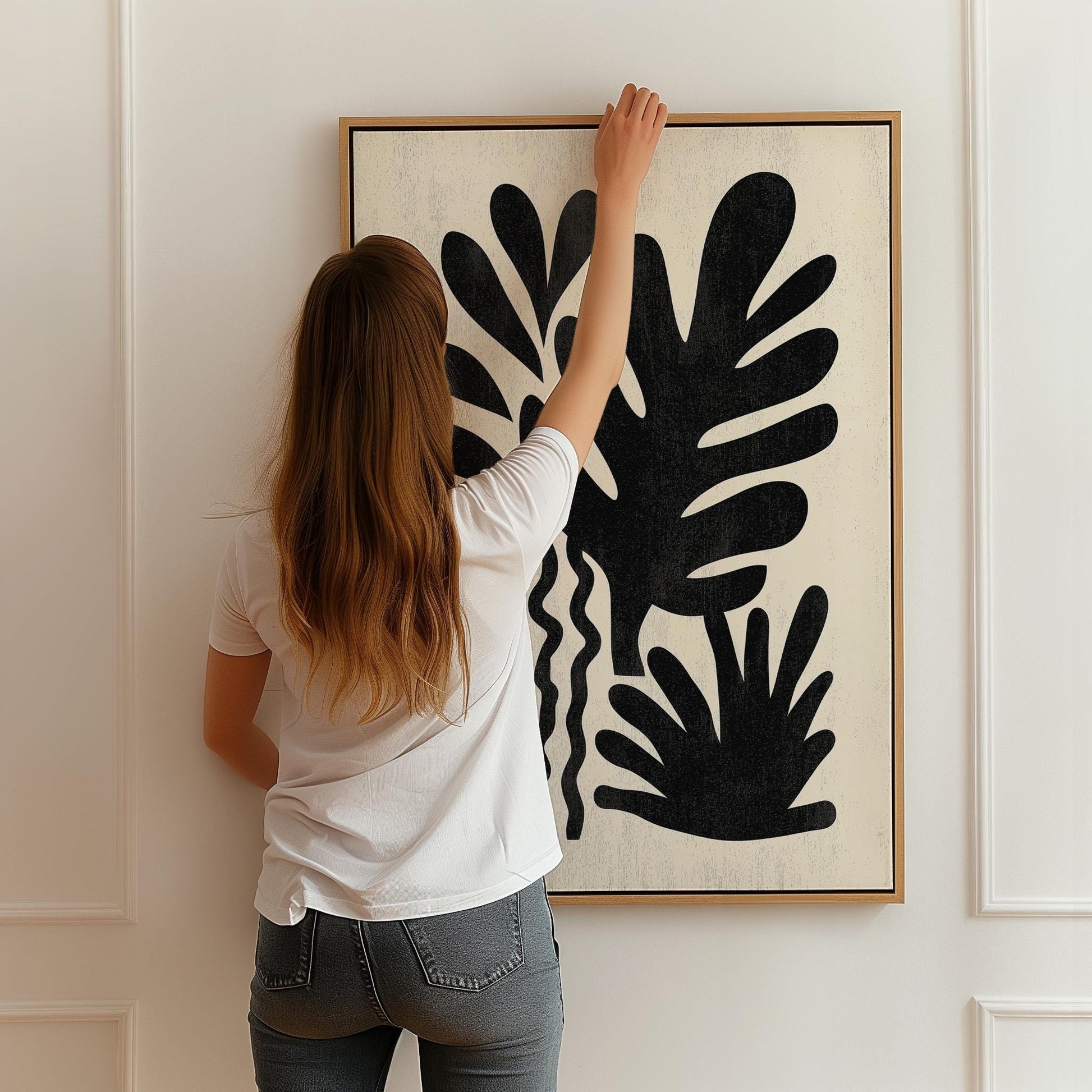 Black Botanical Canvas Art Modern Minimal Leaf Print for Living Room or Hallway, Abstract Nature Wall Decor