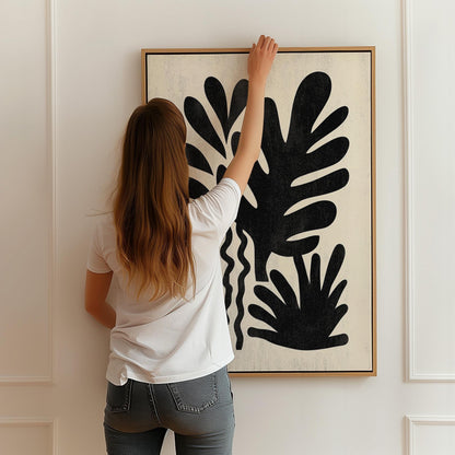 Black Botanical Canvas Art Modern Minimal Leaf Print for Living Room or Hallway, Abstract Nature Wall Decor