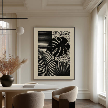 Abstract Botanical Canvas Art Black and White Tropical Leaf Print for Living Room or Office, Modern Minimal Wall Decor
