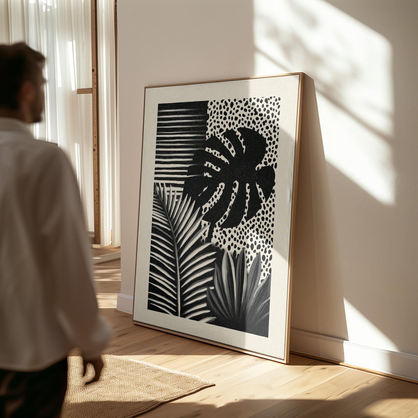 Abstract Botanical Canvas Art Black and White Tropical Leaf Print for Living Room or Office, Modern Minimal Wall Decor