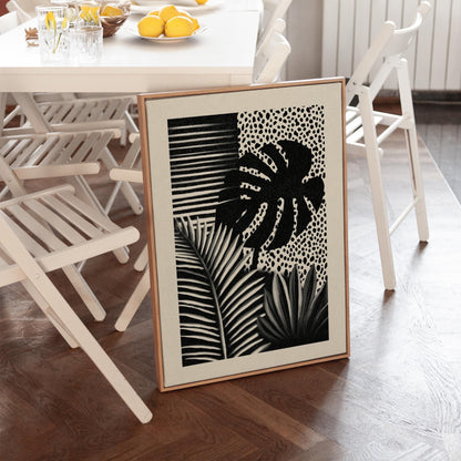 Abstract Botanical Canvas Art Black and White Tropical Leaf Print for Living Room or Office, Modern Minimal Wall Decor