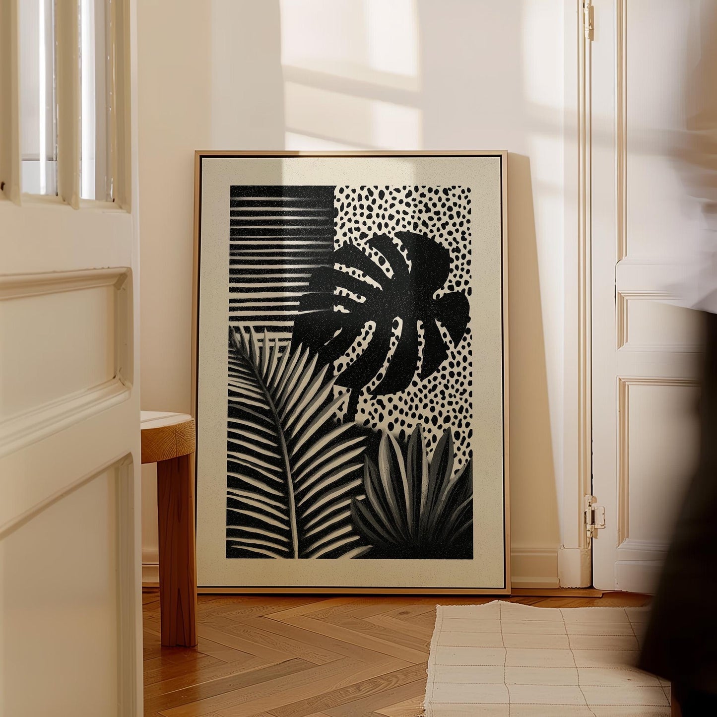Abstract Botanical Canvas Art Black and White Tropical Leaf Print for Living Room or Office, Modern Minimal Wall Decor
