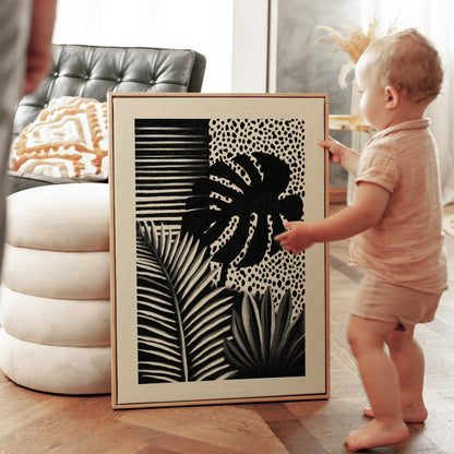 Abstract Botanical Canvas Art Black and White Tropical Leaf Print for Living Room or Office, Modern Minimal Wall Decor