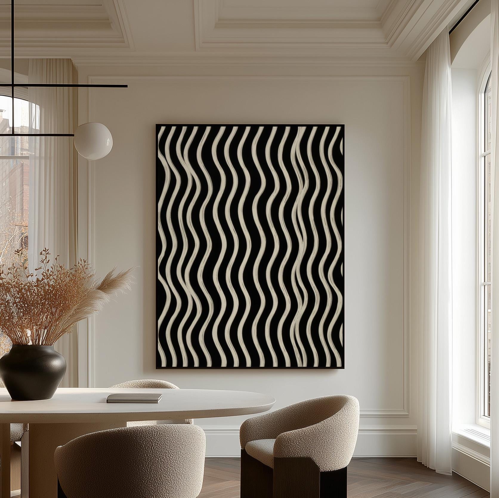 Black and White Waves Canvas Art Modern Abstract Print for Dining Room or Office, Minimal Line Pattern Wall Decor