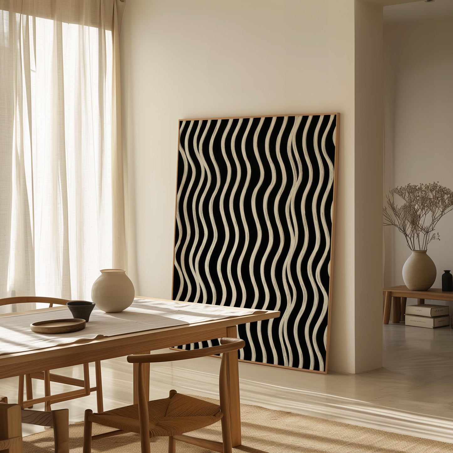 Black and White Waves Canvas Art Modern Abstract Print for Dining Room or Office, Minimal Line Pattern Wall Decor