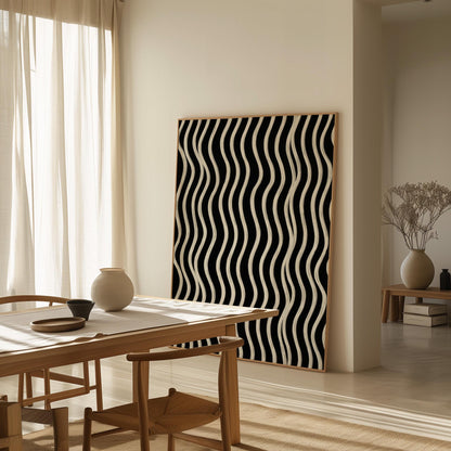 Black and White Waves Canvas Art Modern Abstract Print for Dining Room or Office, Minimal Line Pattern Wall Decor