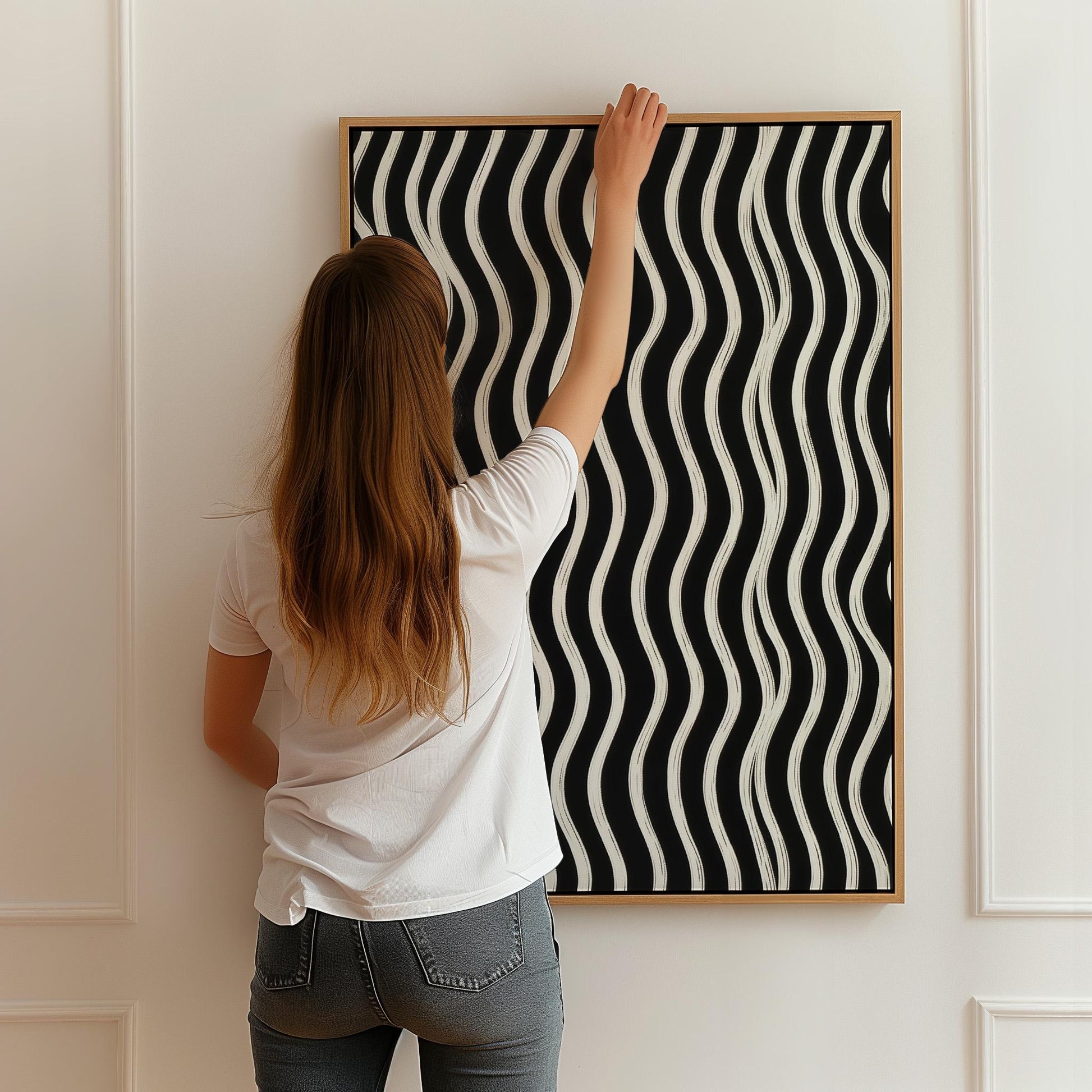 Black and White Waves Canvas Art Modern Abstract Print for Dining Room or Office, Minimal Line Pattern Wall Decor