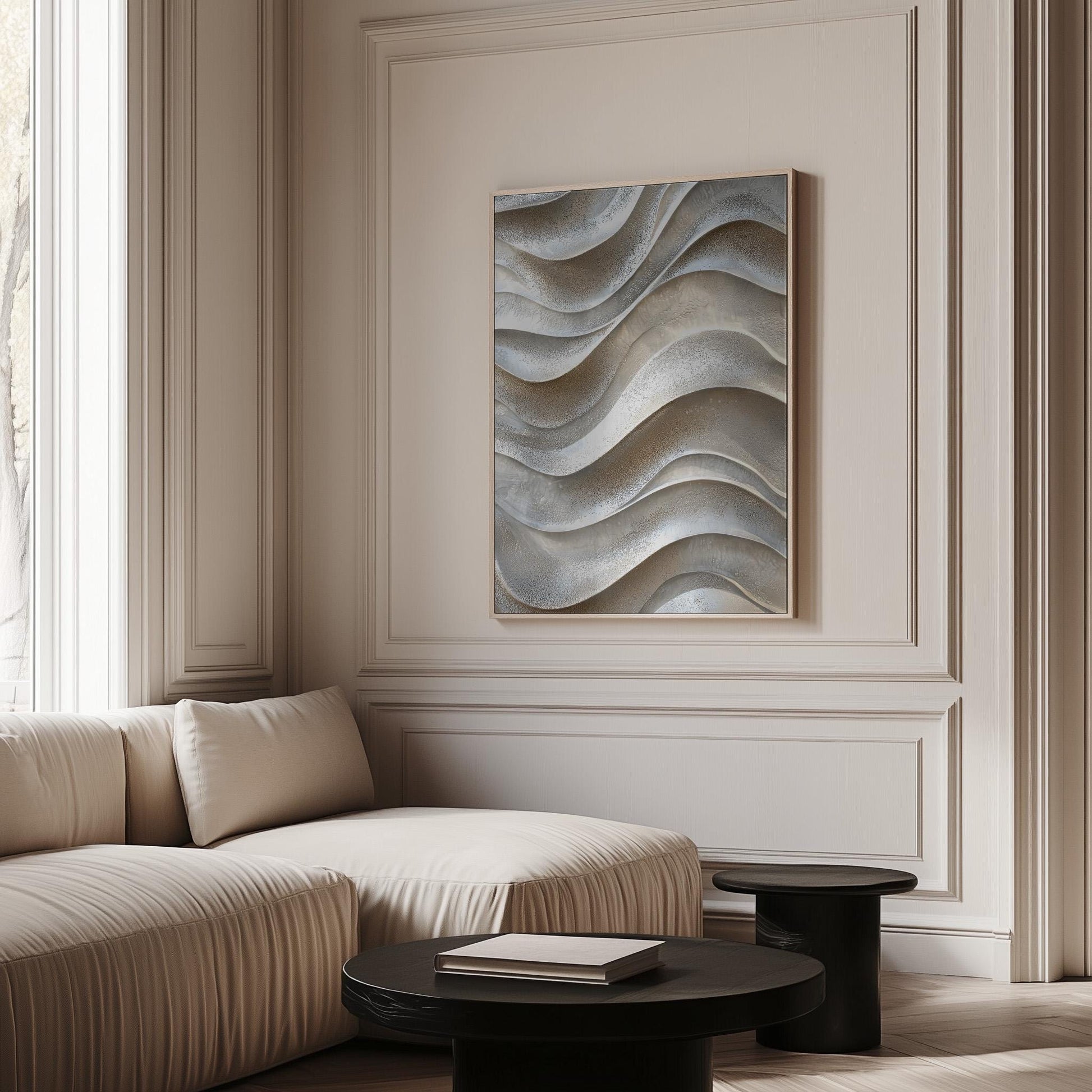 Neutral Waves Canvas Art Beige 3D Texture Effect Modern Abstract Print for Living Room or Bedroom, Minimal Coastal Wall Decor