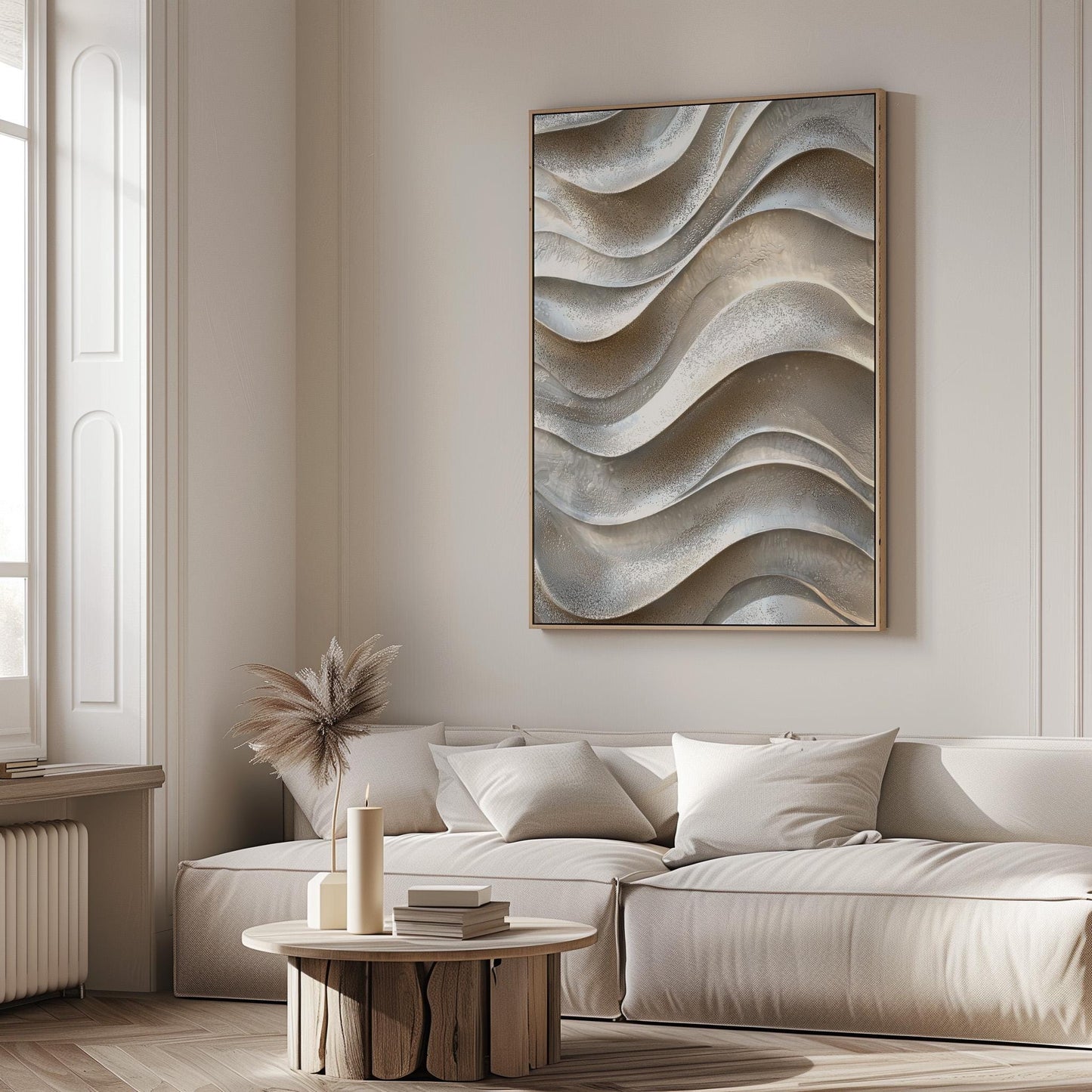 Neutral Waves Canvas Art Beige 3D Texture Effect Modern Abstract Print for Living Room or Bedroom, Minimal Coastal Wall Decor