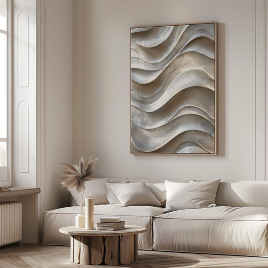 Neutral Waves Canvas Art Beige 3D Texture Effect Modern Abstract Print for Living Room or Bedroom, Minimal Coastal Wall Decor