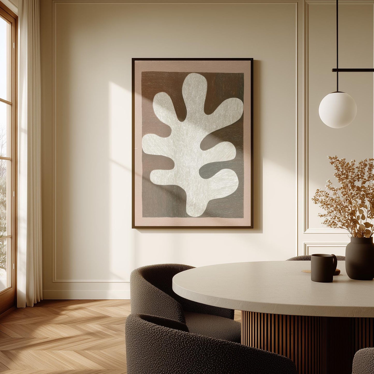 Abstract Leaf Form Canvas Art Neutral Beige and Brown Minimalist Print for Dining Room or Living Room, Modern Organic Wall Decor