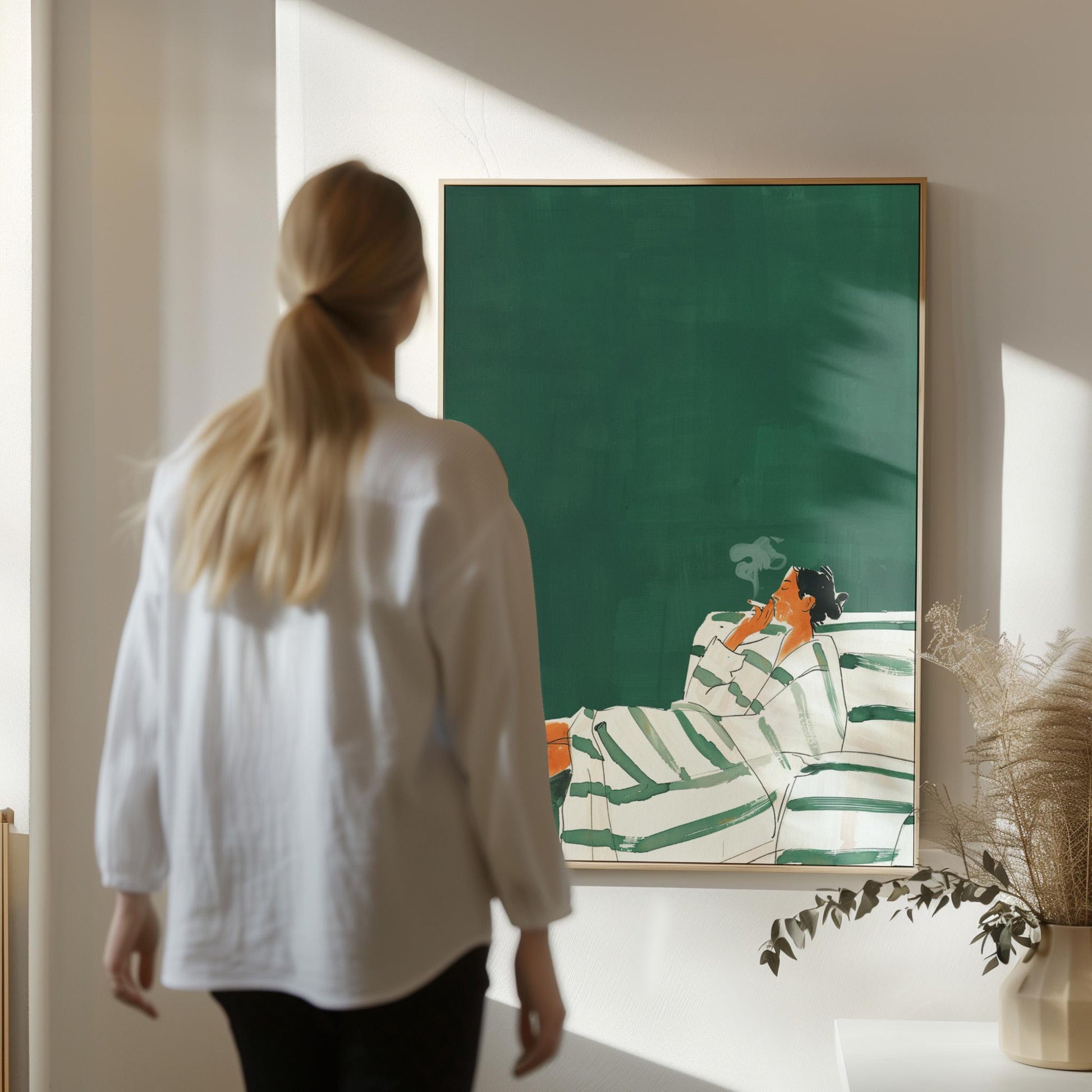 Relaxing Woman Canvas Print Modern Striped Lounge Art for Bedroom or Living Room Wall Decor