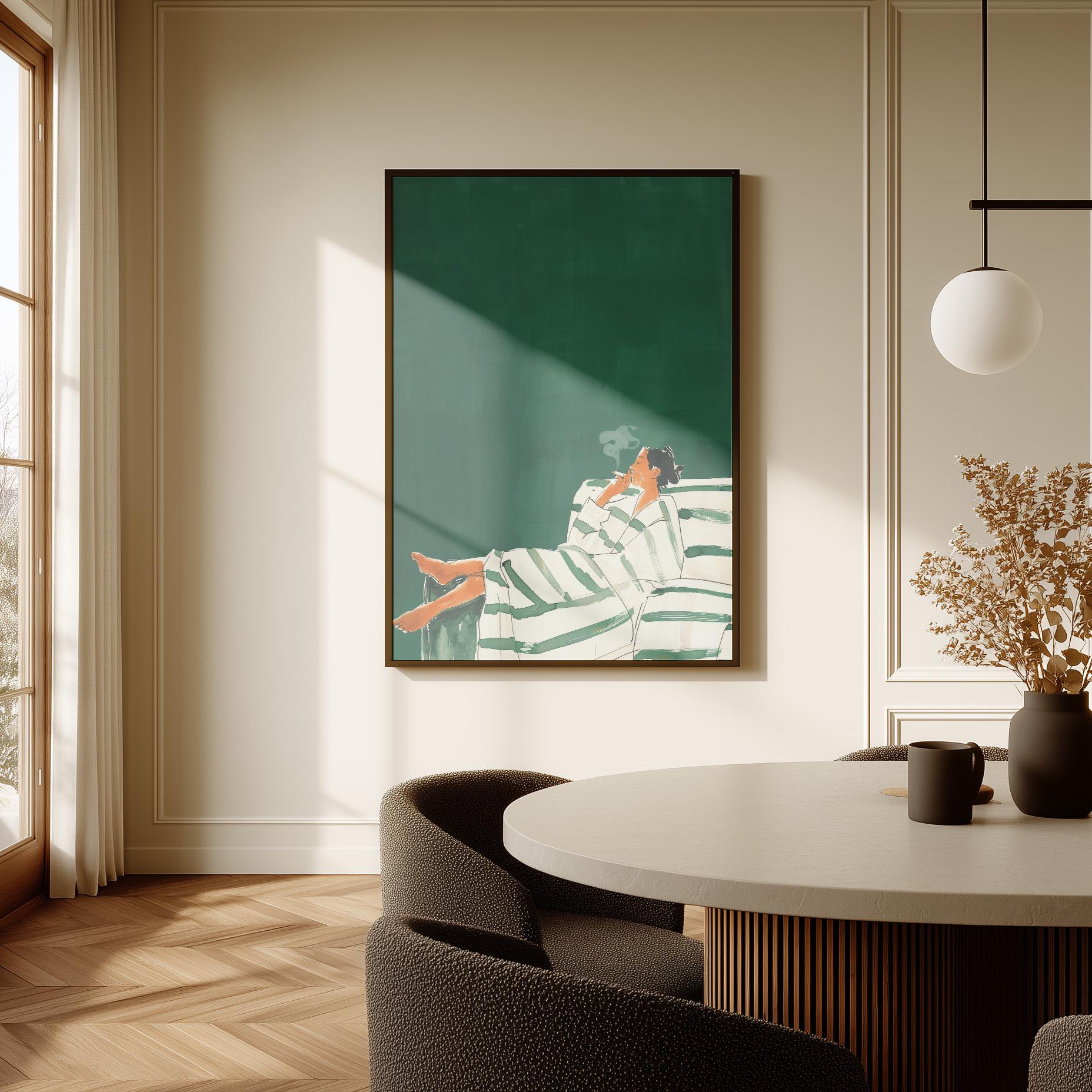 Relaxing Woman Canvas Print Modern Striped Lounge Art for Bedroom or Living Room Wall Decor