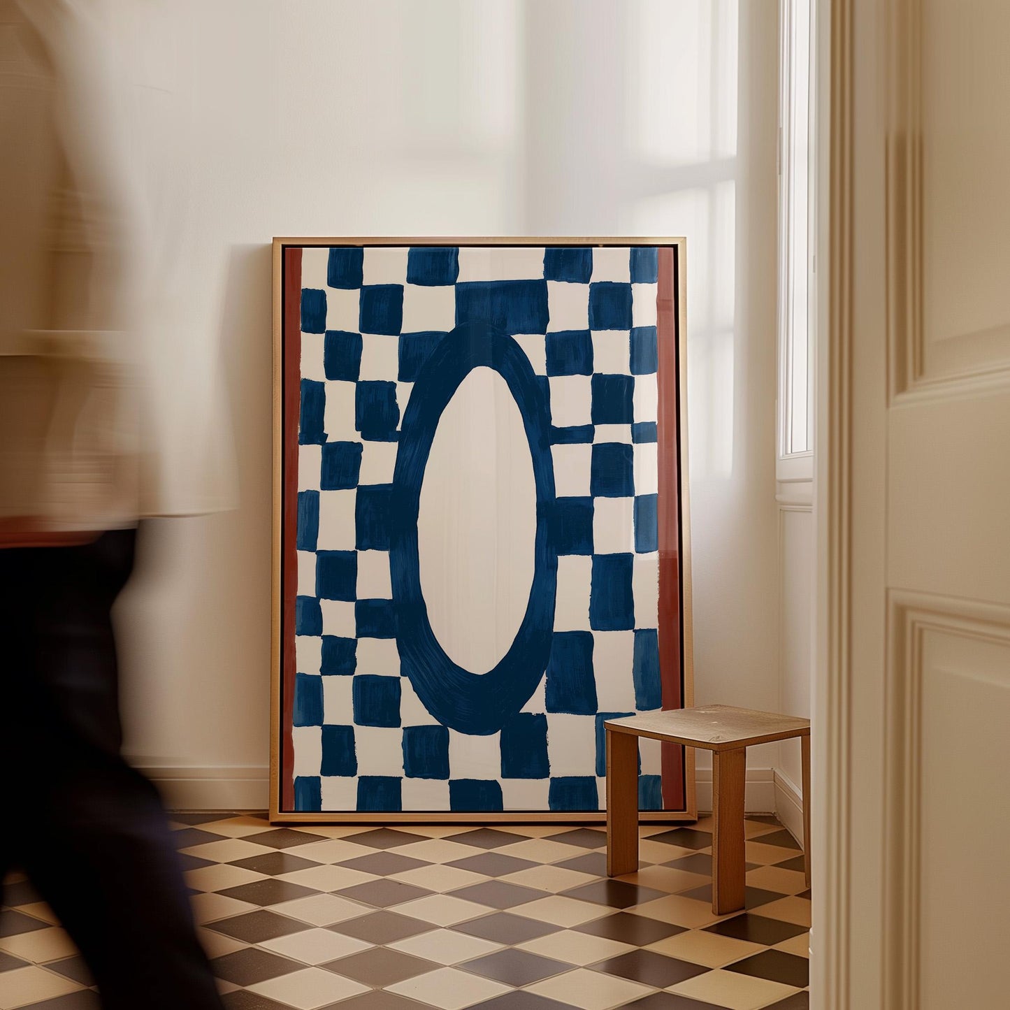 Blue Checkerboard Abstract Canvas Print Modern Geometric Wall Art for Living Room or Bedroom