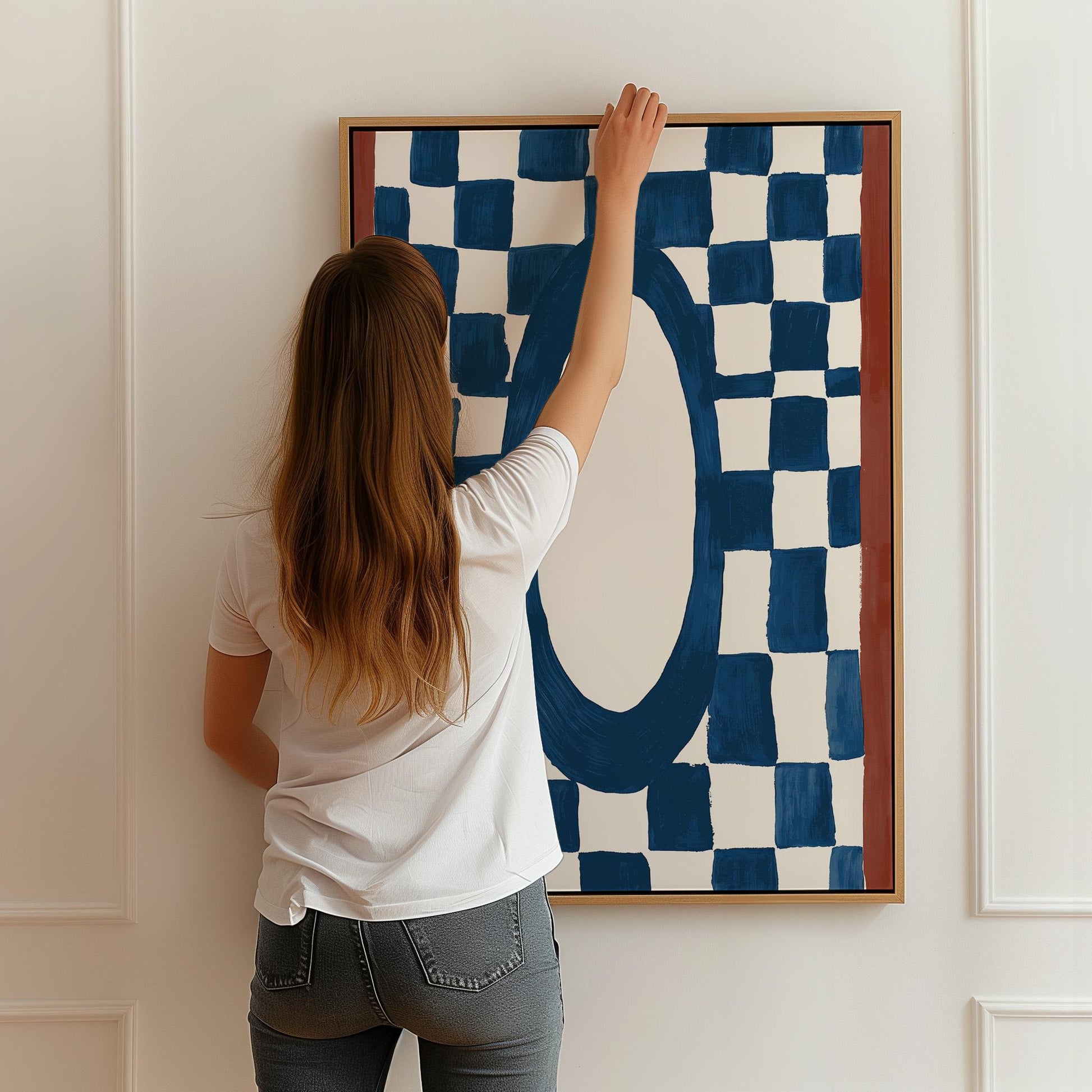 Blue Checkerboard Abstract Canvas Print Modern Geometric Wall Art for Living Room or Bedroom