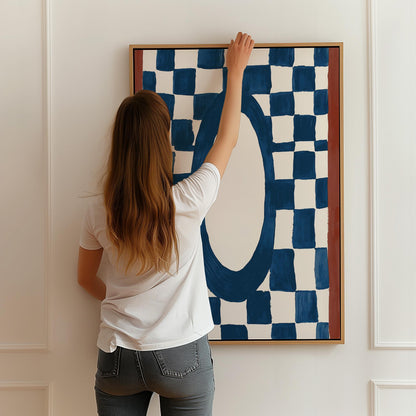 Blue Checkerboard Abstract Canvas Print Modern Geometric Wall Art for Living Room or Bedroom